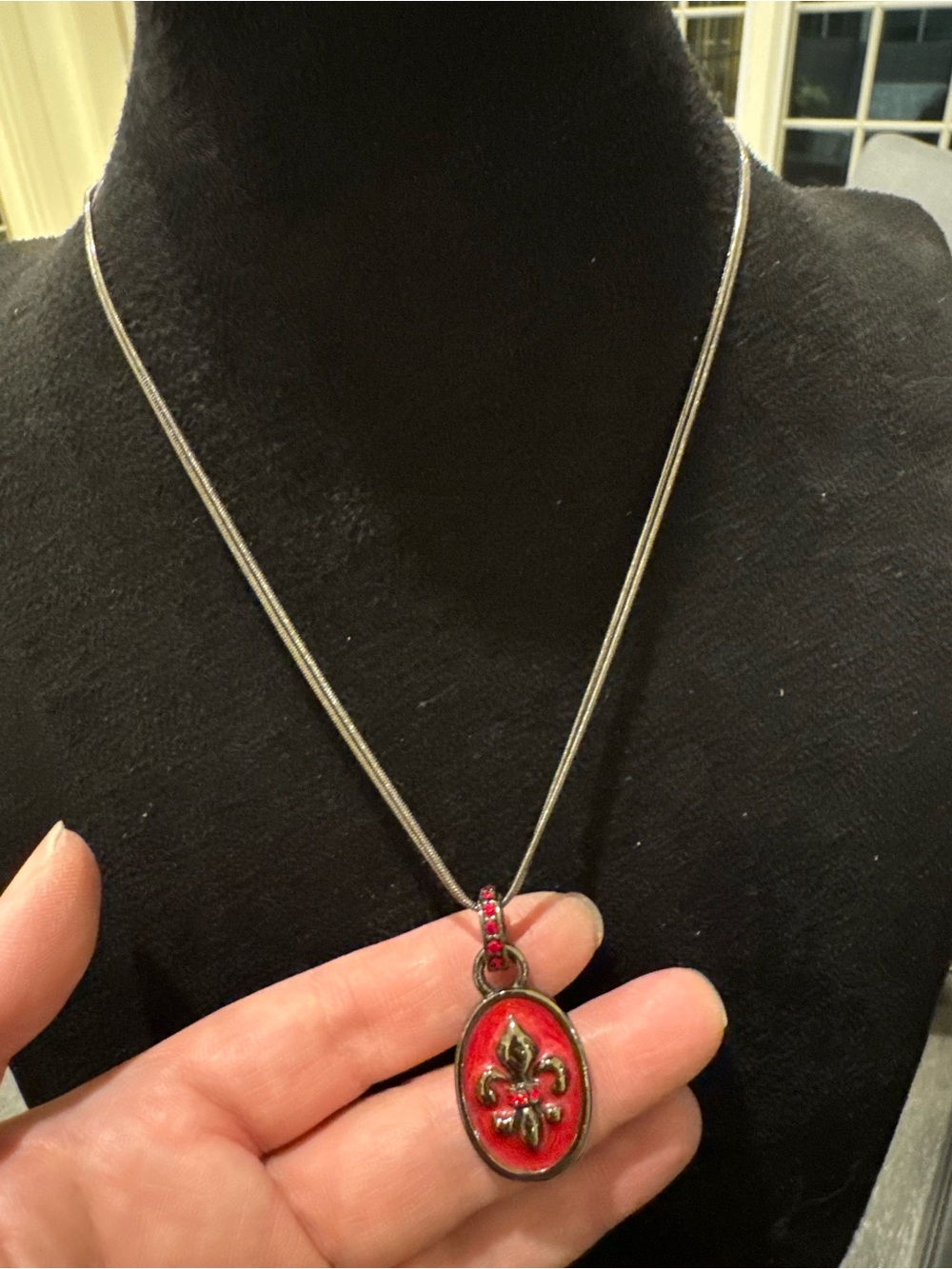 Express Red Fleur de Lis Pendant Necklace Silver Tone Rhinestone Vintage Style